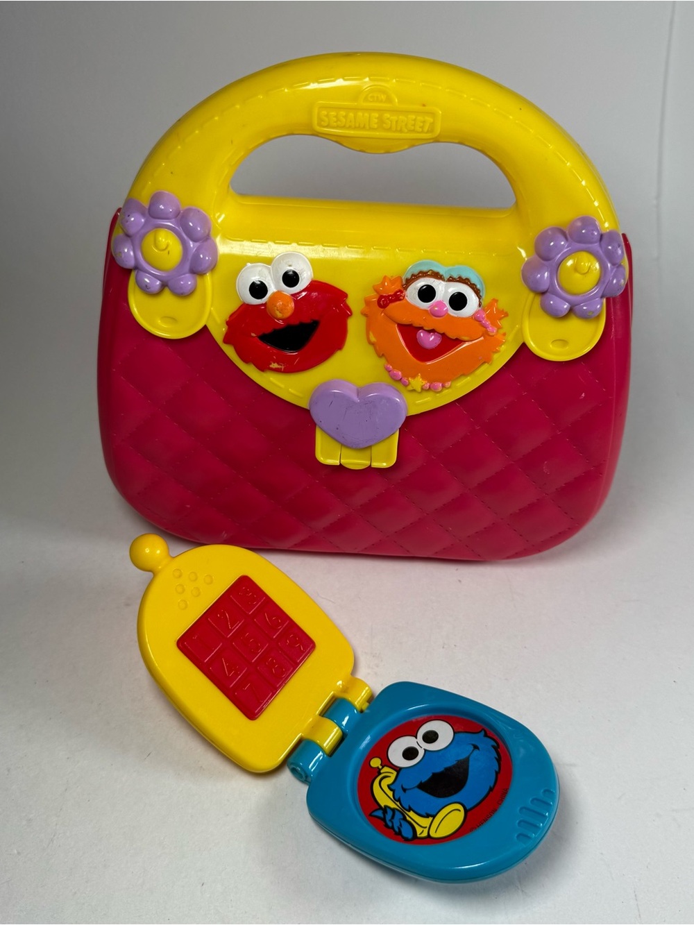 Sesame Street Tyco Preschool Toys 1999 Elmo Zoe Purse Phone Plastic Quilted 7"